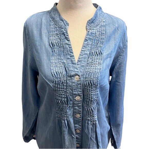 Soft Surroundings Denim Chambray Long Sleeve Pleated Tunic Blouse Top Size PSMAL - Picture 6 of 10